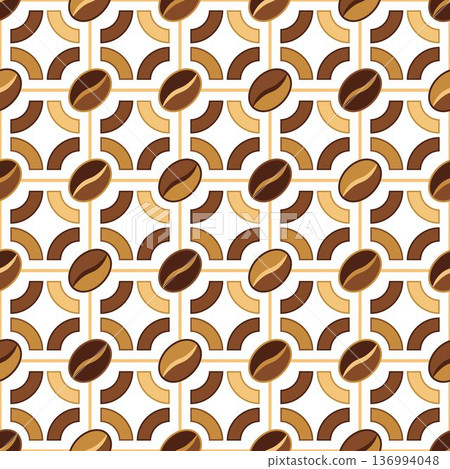 Seamless geometric pattern of coffee beans on square grid. Minimalist vector icons, abstract elements, flat design on transparent background. Suitable for food packaging, branding Seamless geometric pattern of coffee beans on square grid. Minimalist vector icons, abstract elements, flat design on transparent background. Suitable for food packaging, branding 136994048