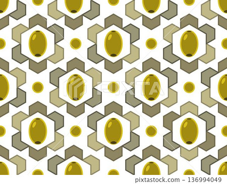 Seamless geometric pattern of olives in hexagonal grid. Minimalist vector icons, flat design on transparent background. Perfect for food packaging, textile prints Seamless geometric pattern of olives in hexagonal grid. Minimalist vector icons, flat design on transparent background. Perfect for food packaging, textile prints 136994049