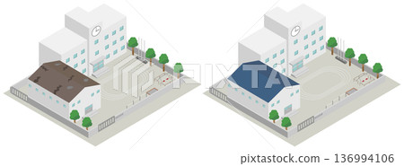 Before and after isometric illustration of repairing the roof of a dilapidated school gymnasium 136994106