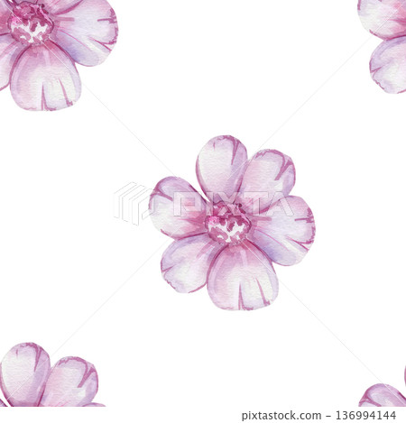 Seamless pattern with delicate watercolor pink flowers on a white background. For fabric design, cosmetics packaging, stationery, floral interior decor, wallpaper 136994144