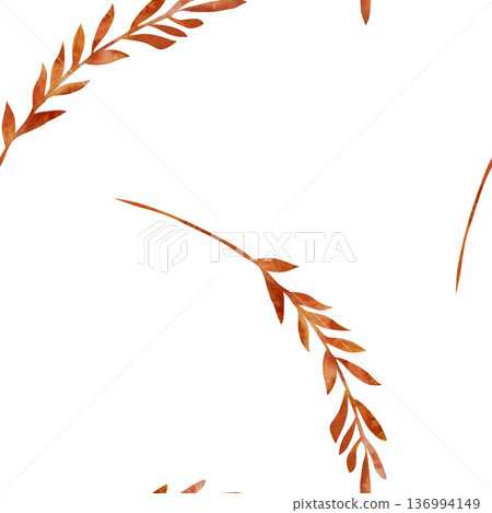 Seamless pattern with watercolor dry golden yellow twigs and leaves. Natural autumn motif on white background, hand-drawn. For fabric design, packaging for eco-products, bakery, interior decor Seamless pattern with watercolor dry golden yellow twigs and leaves. Natural autumn motif on white background, hand-drawn. For fabric design, packaging for eco-products, bakery, interior decor 136994149