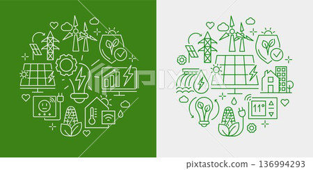 Circular Minimal Composition of Eco Linear Icons, Sustainable Energy Concept Round Layout with Renewable Technology Symbols in a Vector Illustration Circular Minimal Composition of Eco Linear Icons, Sustainable Energy Concept Round Layout with Renewable Technology Symbols in a Vector Illustration 136994293