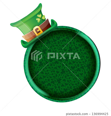 St. Patricks Day round green banner with leprechaun hat and shamrock pattern, isolated circular frame on white background. Round banner with a shamrock, poster, social media post layout, quiz backdrop 136994425