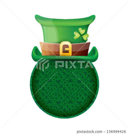 St. Patricks Day round green banner with leprechaun hat and shamrock pattern, isolated circular frame on white background. Round banner with a shamrock, poster, social media post layout, quiz backdrop 136994426