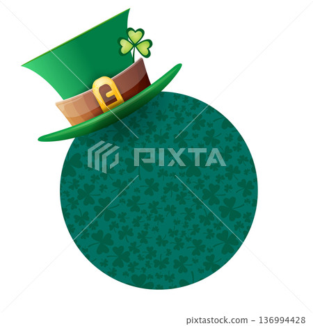St. Patricks Day round green banner with leprechaun hat and shamrock pattern, isolated circular frame on white background. Round banner with a shamrock, poster, social media post layout, quiz backdrop St. Patricks Day round green banner with leprechaun hat and shamrock pattern, isolated circular frame on white background. Round banner with a shamrock, poster, social media post layout, quiz backdrop 136994428