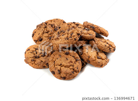 Chocolate chips cookies isolated, American biscuits, cocoa confectionery cake, sweet morsels bakery 136994671