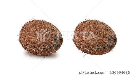 Whole coconut, one coco nut isolated, single fresh tropical palm fruit, natural milk, oil ingredient 136994686