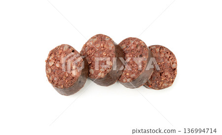 Black pudding isolated, blood sausage kaszanka, traditional Polish terrine, brawn sausages on white Black pudding isolated, blood sausage kaszanka, traditional Polish terrine, brawn sausages on white 136994714
