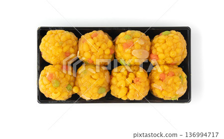 Ladoo, laddu or bundi laddoo is Indian sweet Diwali food. This is boondi ladoo balls 136994717
