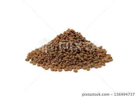 Dry pet food, dog kibble pile, puppy pellets, small canine protein croquette meal, animal food 136994737