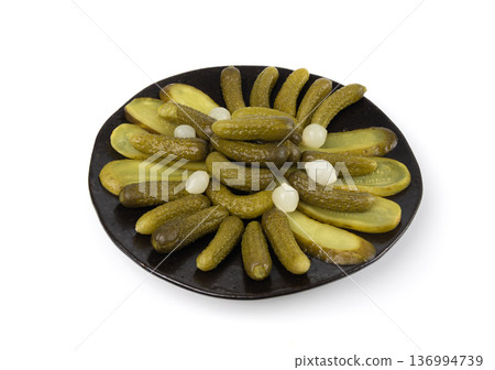 Pickled sliced cucumbers, fermented food, marinated canned vegetables, gherkins, pickles Pickled sliced cucumbers, fermented food, marinated canned vegetables, gherkins, pickles 136994739