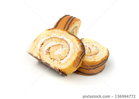 Swiss Roll, Round Sponge Cake Isolated, Sliced Rolled Vanilla Biscuit with Jam Filling 136994772