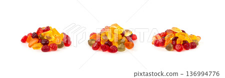 Fruit gummy candy pile isolated, vegan chewing marmalade pills, jelly gumdrops heap 136994776