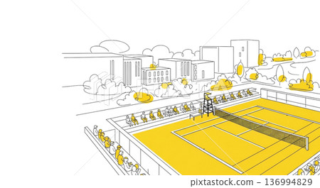 Tennis court spectator seats and surrounding scenery Yellow and green line drawing illustration material 136994829