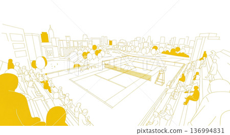 Tennis court spectator seats and city skype Yellow and green line drawing illustration material 136994831