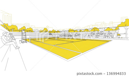 Tennis court spectator seats and cityscape scenery Yellow line drawing illustration seen from an angle 136994833