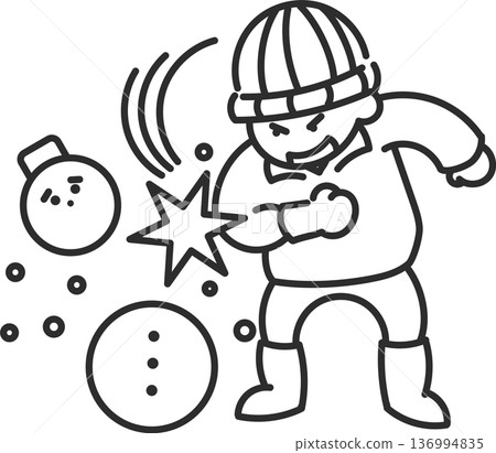 Illustration of a violent elementary school boy destroying a snowman (line drawing only) 136994835