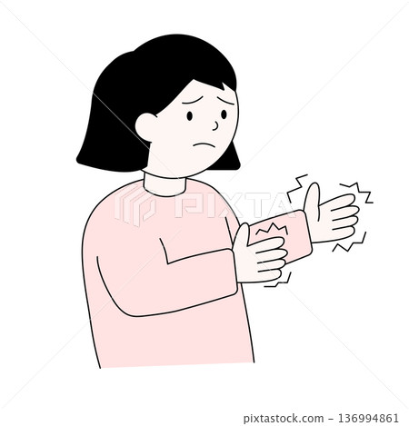 Illustration of a woman suffering from trembling and numbness in her hands, health hazards and anxious facial expression Illustration of a woman suffering from trembling and numbness in her hands, health hazards and anxious facial expression 136994861