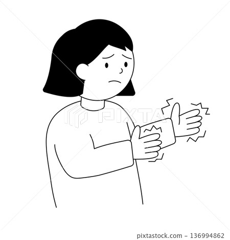 黑白插圖,描繪了一位女性因雙手麻木而感到擔憂——神經和肌肉異常 黑白插圖,描繪了一位女性因雙手麻木而感到擔憂——神經和肌肉異常 136994862