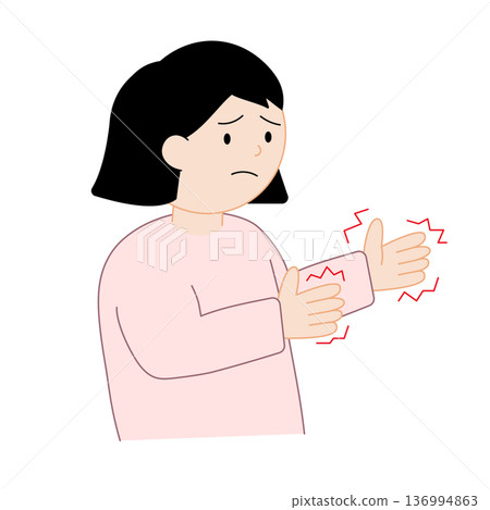 一位女士抱怨雙手顫抖麻木——柔和的插圖,沒有主要線條。 一位女士抱怨雙手顫抖麻木——柔和的插圖,沒有主要線條。 136994863