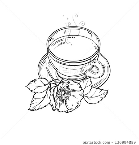 Cup of Wild Rose Tea Outline Illustration. 136994889