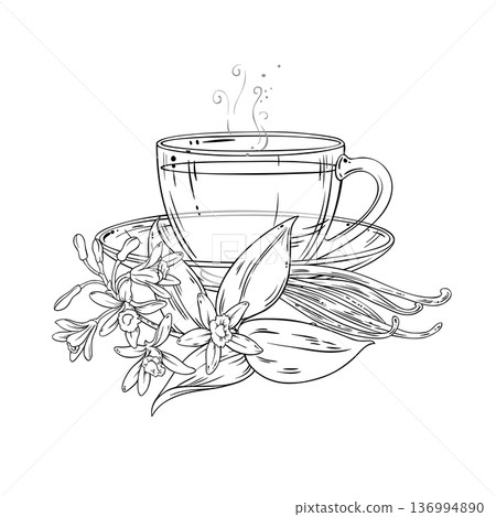 Cup of Vanilla Tea Outline Illustration. 136994890