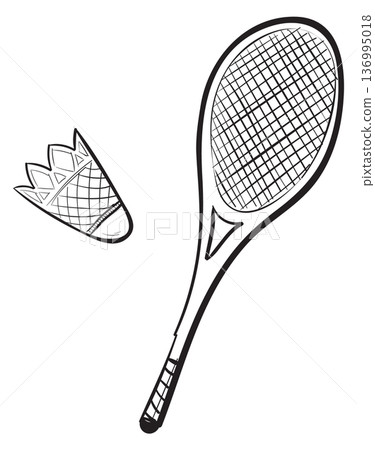 Badminton racket and shuttlecock doodle. Hand drawn sport equipment 136995018