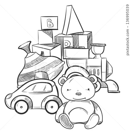 Toy pile. Kid game doodle. Hand drawn icon Toy pile. Kid game doodle. Hand drawn icon 136995039