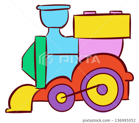 Plastic train doodle. Locomotive toy color icon Plastic train doodle. Locomotive toy color icon 136995052