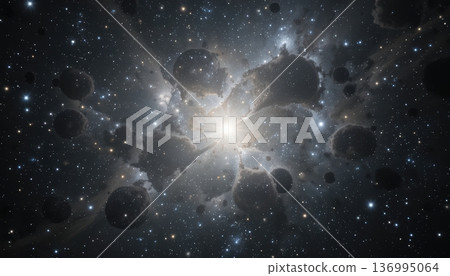 Central Cosmic Sun Radiating Light Between Floating Dark Planetary Spheres Central Cosmic Sun Radiating Light Between Floating Dark Planetary Spheres 136995064