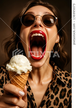 Trendy Woman In Leopard Shirt Opening Her Mouth To Eat Ice Cream Trendy Woman In Leopard Shirt Opening Her Mouth To Eat Ice Cream 136995073