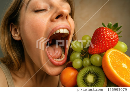 Expressive Portrait Of Woman Enjoying A Colorful Assortment Of Exotic Fresh Fruits Expressive Portrait Of Woman Enjoying A Colorful Assortment Of Exotic Fresh Fruits 136995079