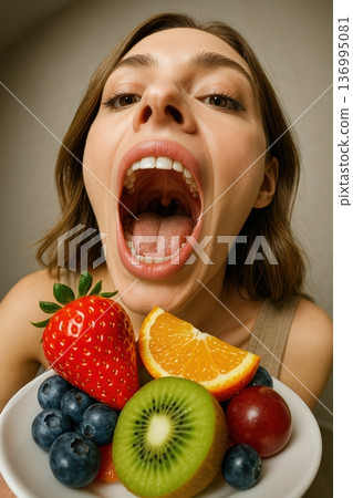 Close Up Of Woman Holding A Plate Of Healthy Fruits With Open Mouth 136995081