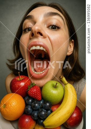 Extreme close up of woman with open mouth and fresh healthy fruits 136995082