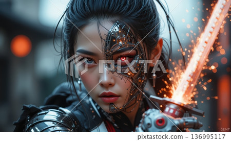 Half Face Human and Half Machine Warrior with Flaming Blade 136995117