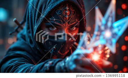 High Tech Ninja Assassin Aiming a Glowing Star Weapon 136995118
