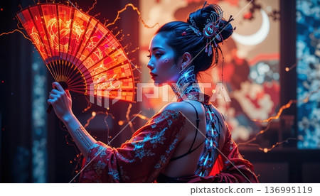 Cybernetic Woman in Traditional Dress Holding a Glowing Tech Fan 136995119