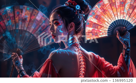 Futuristic Geisha with Neon Body Art and Dual Glowing Fans 136995120
