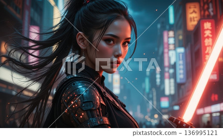 Cyberpunk Female Warrior with Glowing Katana in a Neon City Night 136995121