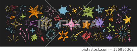 Hand drawn color crayon stars, chalk holiday fireworks, sparks, shooting comets Hand drawn color crayon stars, chalk holiday fireworks, sparks, shooting comets 136995302