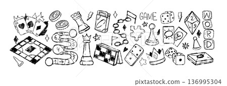 Board games doodle crayon icons, chalk checkers, poker, crossword puzzle gambling symbols 136995304