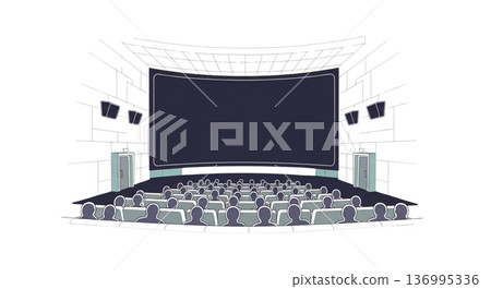 電影院內部，包括大螢幕和觀眾席的線條圖 136995336