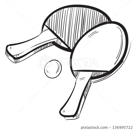 Ping pong equipment sketch. Wooden table tennis pads and ball Ping pong equipment sketch. Wooden table tennis pads and ball 136995722