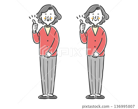 一位老年婦女做出吉祥的手勢，全身像，向量圖 136995807