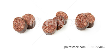 Black pudding isolated, blood sausage kaszanka, traditional Polish terrine, brawn sausages on white Black pudding isolated, blood sausage kaszanka, traditional Polish terrine, brawn sausages on white 136995862