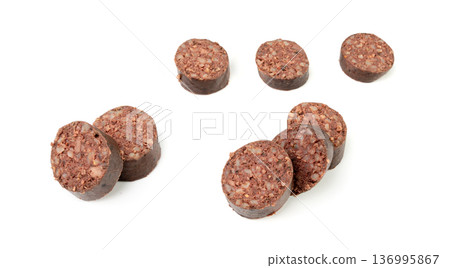Black pudding isolated, blood sausage kaszanka, traditional Polish terrine, brawn sausages on white Black pudding isolated, blood sausage kaszanka, traditional Polish terrine, brawn sausages on white 136995867