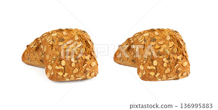 Pumpkin seeds bread isolated, breakfast roll with pepita seeds. Fitness square bun, healthy burger 136995883
