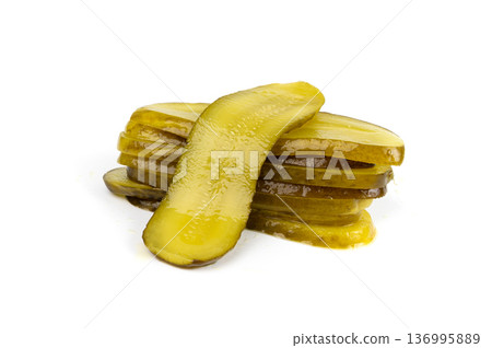Pickled sliced cucumbers, fermented food, marinated canned vegetables, gherkins, pickles Pickled sliced cucumbers, fermented food, marinated canned vegetables, gherkins, pickles 136995889