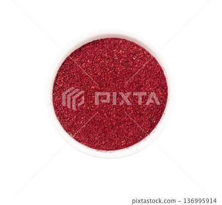 Sumac Powder Isolated, Red Sumach Ground Seasoning, Dry Sumak, Crushed Typhina Seeds Sumac Powder Isolated, Red Sumach Ground Seasoning, Dry Sumak, Crushed Typhina Seeds 136995914