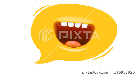 Funny cartoon laughing mouth in a yellow speech bubble icon. Stylized open mouth with teeth and tongue illustration. Creative communication and humor concept isolated on white background vector. Funny cartoon laughing mouth in a yellow speech bubble icon. Stylized open mouth with teeth and tongue illustration. Creative communication and humor concept isolated on white background vector. 136995929